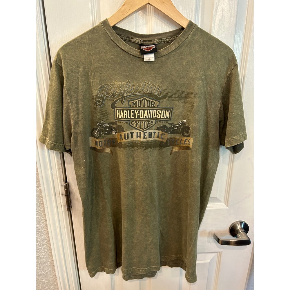 Harley Davidson T-Shirt Green Mineral Wash Pin Up Girl Biggs San Marcos CA Tee